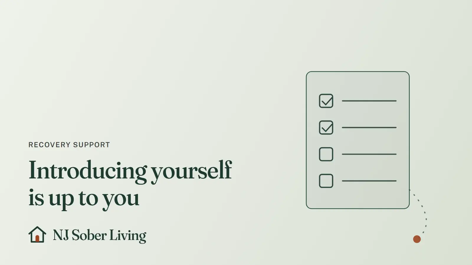 First AA meeting steps in Bergen County: line drawing of a ticked list, with the NJ Sober Living logo and "Introducing yourself is up to you" text