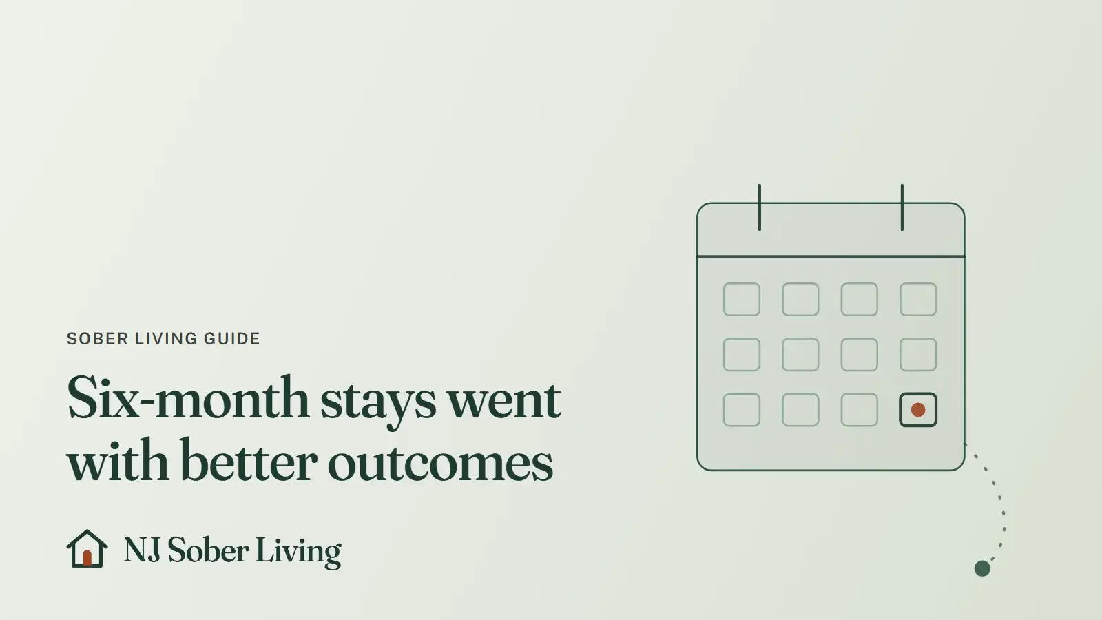 Six months as the length-of-stay line in sober living research: line drawing of a month calendar with one day marked, with the NJ Sober Living logo and "Six-month stays went with better outcomes" text