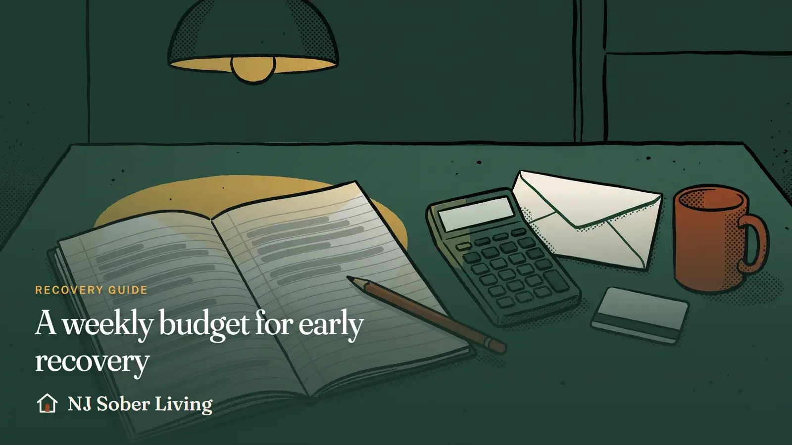 A weekly budget for early recovery: building a weekly recovery budget around rent, food, NJ Transit fares, phone bills, copays and NJ SNAP help: NJ Sober Living guide illustration