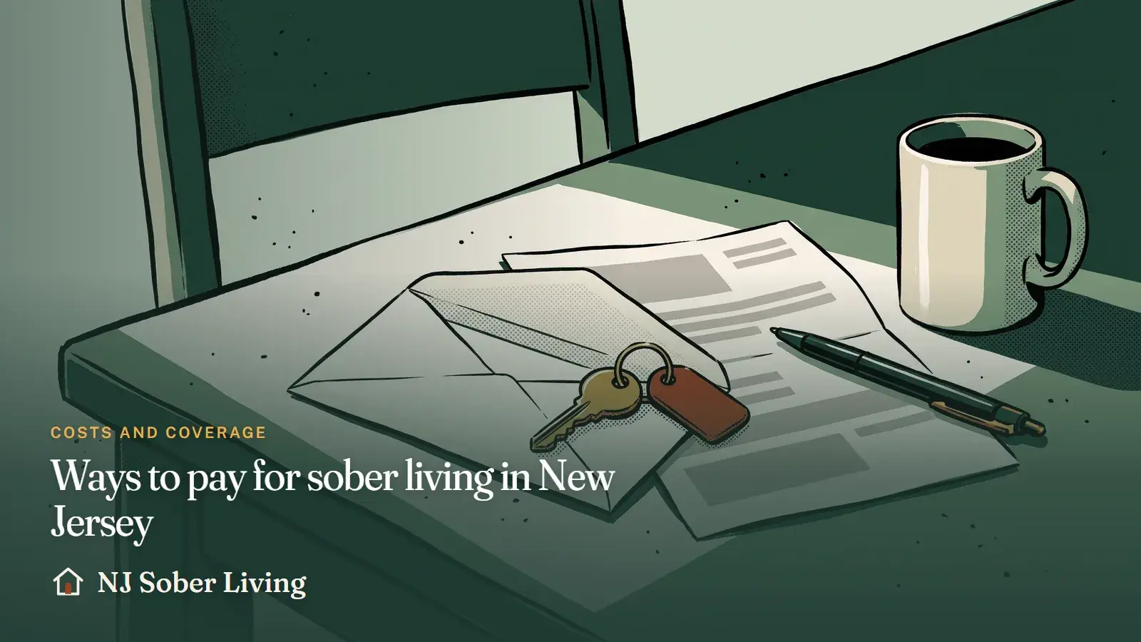 Ways to pay for sober living in New Jersey: paying sober living rent in New Jersey with wages, family help, Emergency Assistance, Oxford House and VA housing programs: NJ Sober Living guide illustration