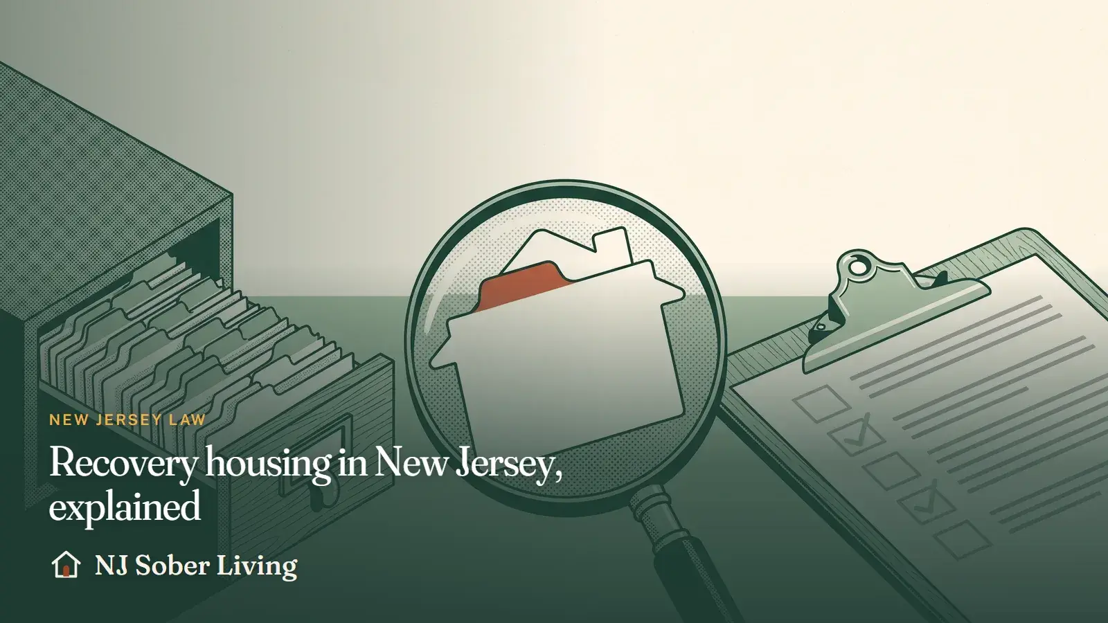 Recovery housing in New Jersey, explained: how New Jersey licenses, lists and inspects recovery residences, and how to check a sober home before moving in: NJ Sober Living guide illustration