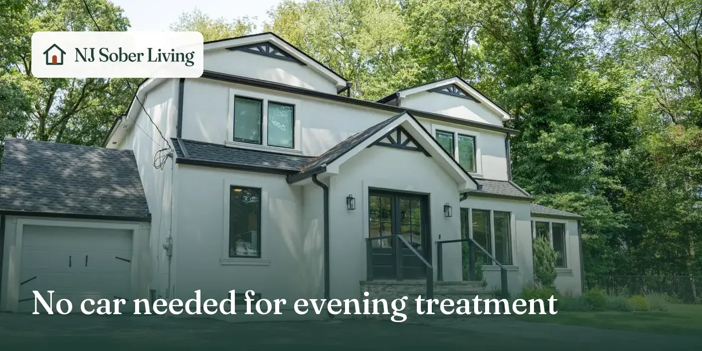 Rides to evening outpatient treatment from Bergen County sober homes: Closter Residence I, with the NJ Sober Living logo and "No car needed for evening treatment" text