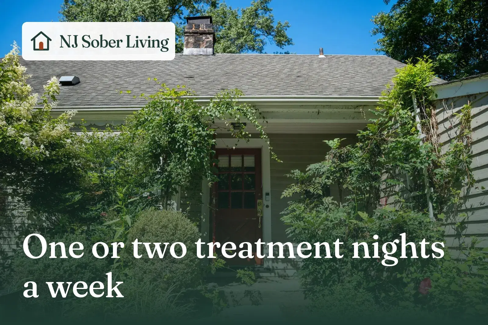 Housing alongside outpatient treatment in North Jersey: Closter Residence II's red front door, with the NJ Sober Living logo and "One or two treatment nights a week" text