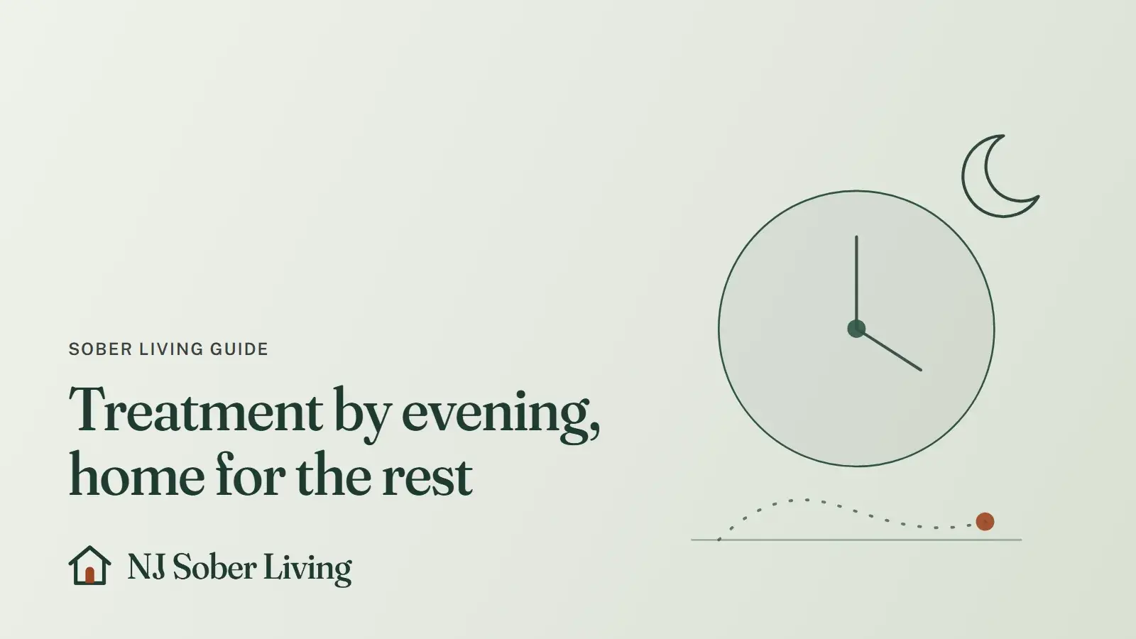 Why evening IOP and a sober living home pair well: line drawing of a clock beside a crescent moon, with the NJ Sober Living logo and "Treatment by evening, home for the rest" text