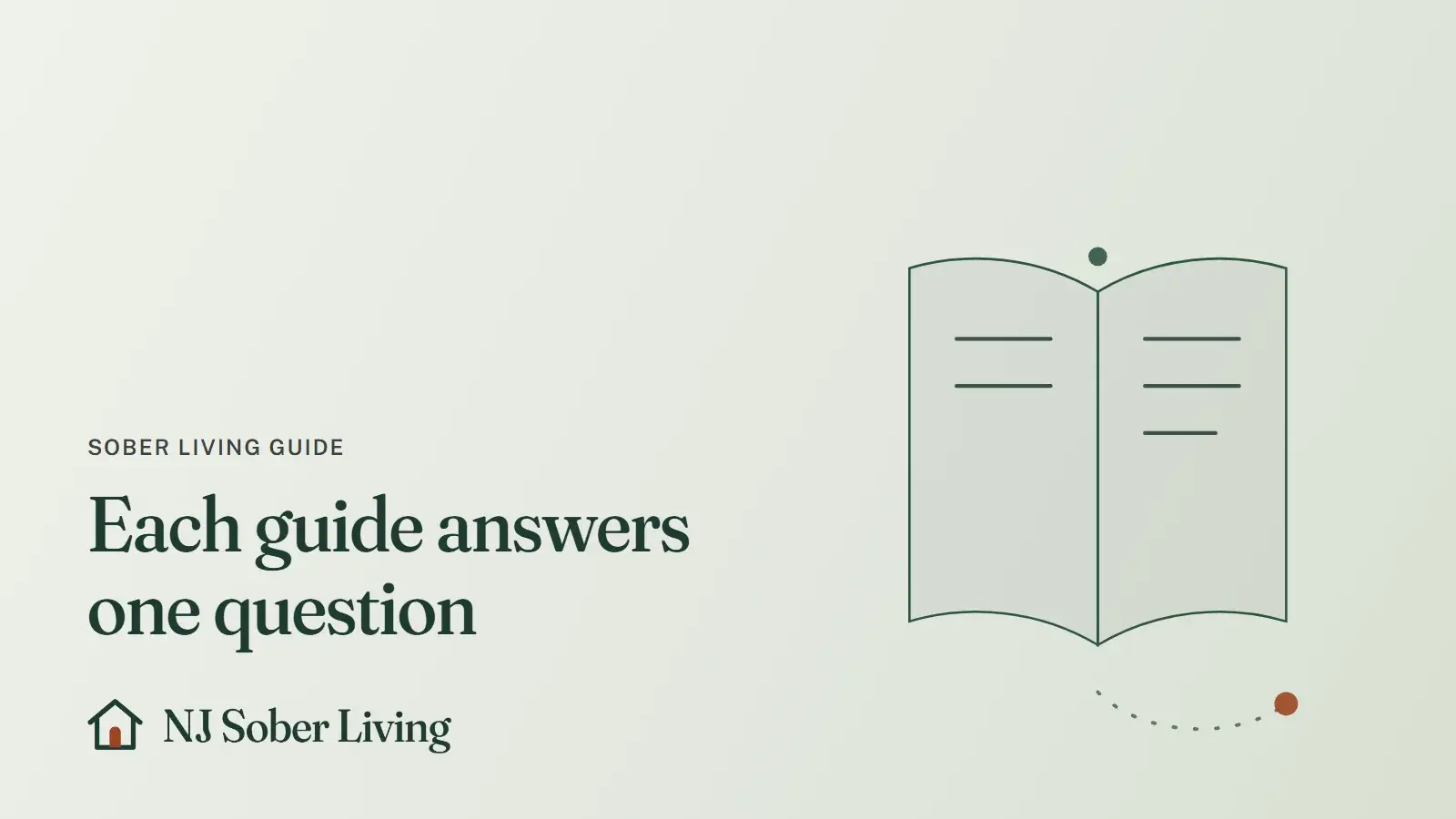 Guides to sober living in New Jersey, in reading order: line drawing of an open book, with the NJ Sober Living logo and "Each guide answers one question" text