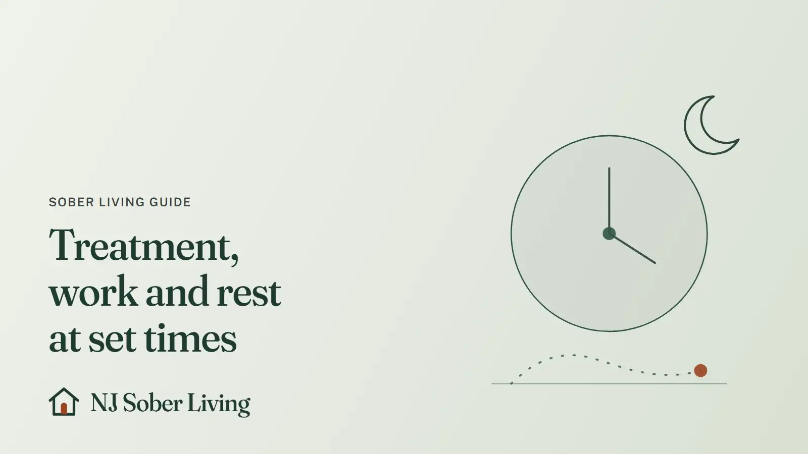 A steady week after rehab, with evening outpatient care: line drawing of a clock and a crescent moon, with the NJ Sober Living logo and "Treatment, work and rest at set times" text