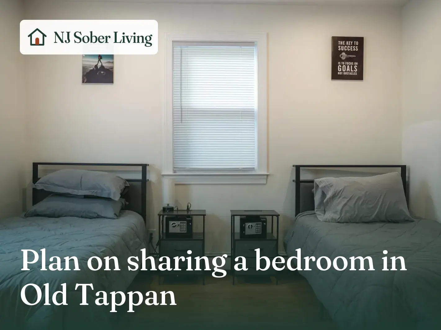 Rooms, rules and staff at NJ Sober Living in Old Tappan: a shared bedroom with two twin beds, with the NJ Sober Living logo and "Plan on sharing a bedroom in Old Tappan" text