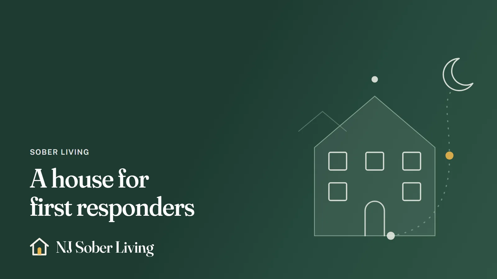 Line drawing of a house with five windows and a dotted path to a crescent moon, on deep green