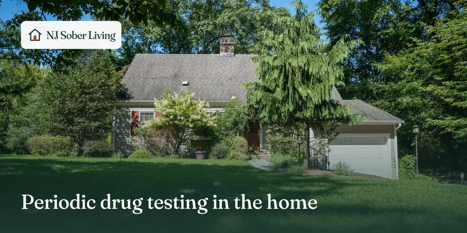 Talking through a referral to NJ Sober Living in Closter, NJ: Closter Residence II and its lawn, with the NJ Sober Living logo and "Periodic drug testing in the home" text