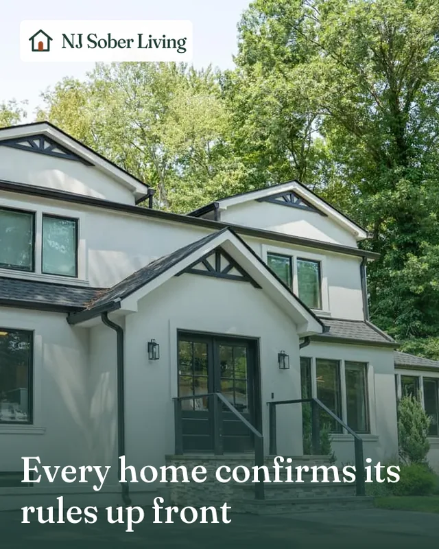 What to ask before moving into a Closter, NJ sober home: the front entry of Closter Residence I, with the NJ Sober Living logo and "Every home confirms its rules up front" text