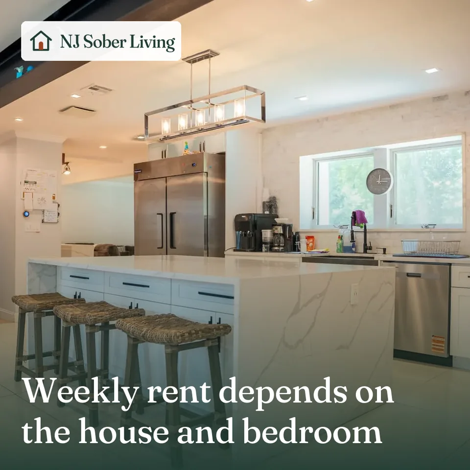 What sober living costs at NJ Sober Living in Closter, NJ: a Closter kitchen, with the NJ Sober Living logo and "Weekly rent depends on the house and bedroom" text